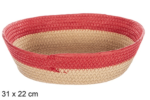 [112398] Cesta oval corda papel natural borda vermelha 31x22 cm