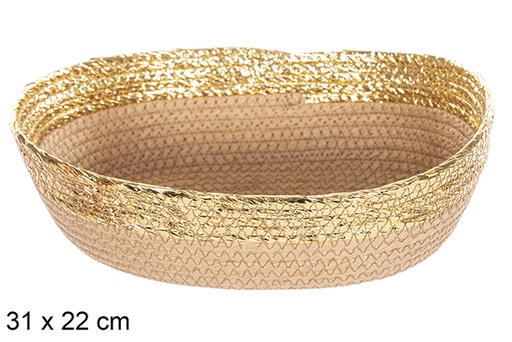 [112399] Cestino ovale in corda di carta naturale bordo oro 31x22 cm