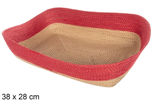 [112404] Cesta rectangular cuerda papel natural borde rojo 38x28 cm