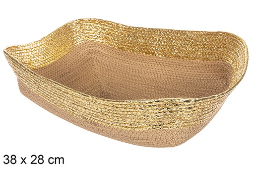 [112405] Cesto retangular corda papel natural borda dourada 38x28 cm