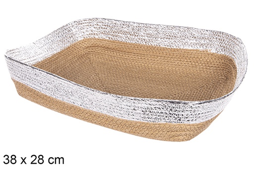 [112406] Cesta rectangular cuerda papel natural borde plata 38x28cm