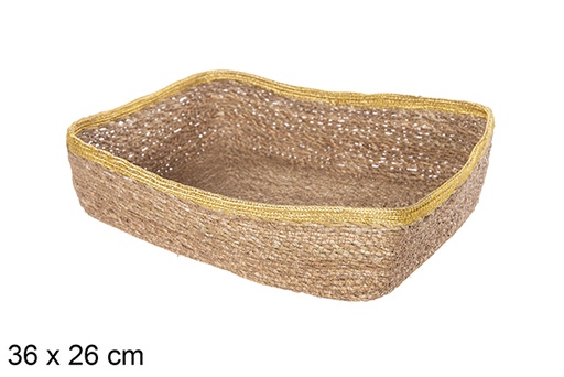 [113245] Rectangular seagrass and golden jute basket 36x26 cm