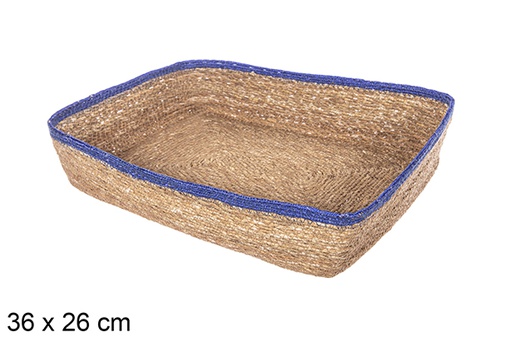 [113249] Rectangular seagrass and blue jute basket 36x26 cm
