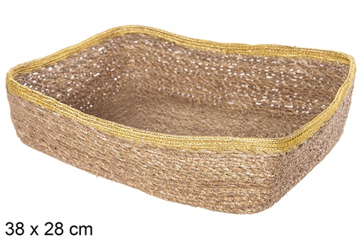 [113250] Rectangular seagrass and jute gold basket 38x28 cm