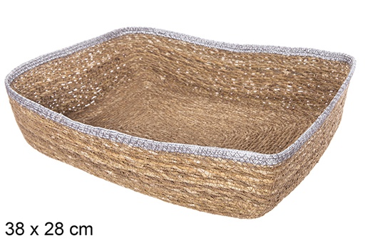 [113252] Rectangular seagrass and jute silver basket 38x28 cm