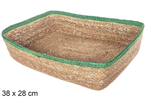 [113253] Rectangular seagrass and green jute basket 38x28 cm