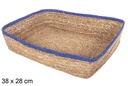 Rectangular seagrass and blue jute basket 38x28 cm