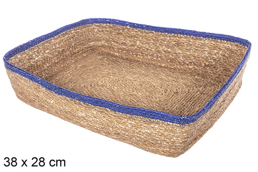 [113254] Rectangular seagrass and blue jute basket 38x28 cm