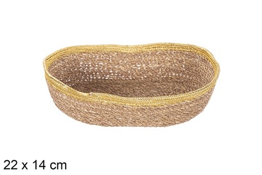 [113255] Oval seagrass and jute gold basket 22x14 cm