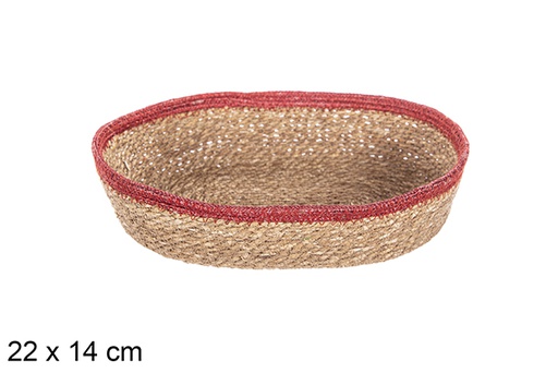 [113256] Oval seagrass and red jute basket 22x14 cm