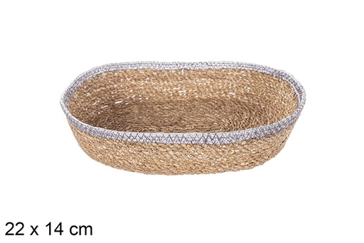 [113257] Oval seagrass and jute silver basket 22x14 cm