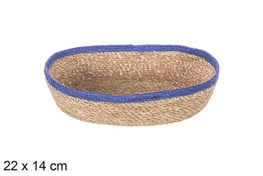 [113259] Oval seagrass and blue jute basket 22x14 cm
