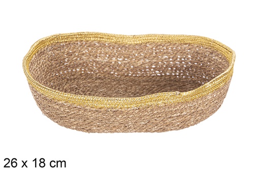 [113260] Oval seagrass and jute gold basket 26x18 cm