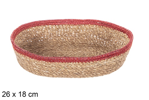 [113261] Oval seagrass and red jute basket 26x18 cm