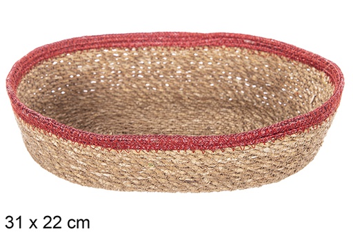 [113270] Oval seagrass and red jute basket 31x22 cm