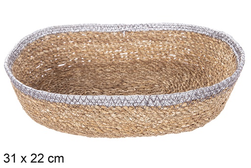 [113271] Oval seagrass and jute silver basket 31x22 cm