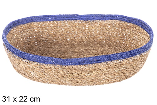 [113273] Oval seagrass and blue jute basket 31x22 cm