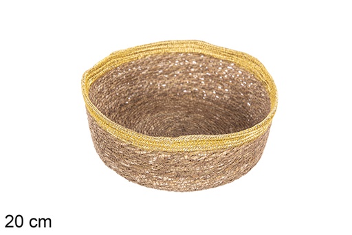 [113274] Round seagrass and jute gold basket 20 cm