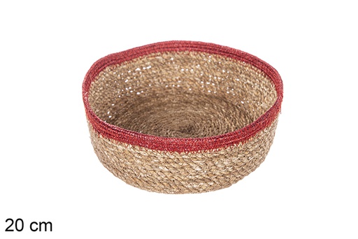 [113275] Round seagrass and red jute basket 20 cm
