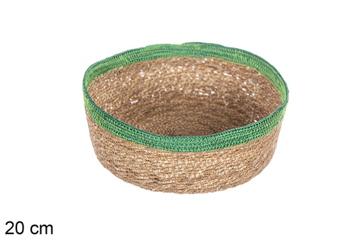 [113278] Round seagrass and green jute basket 20 cm