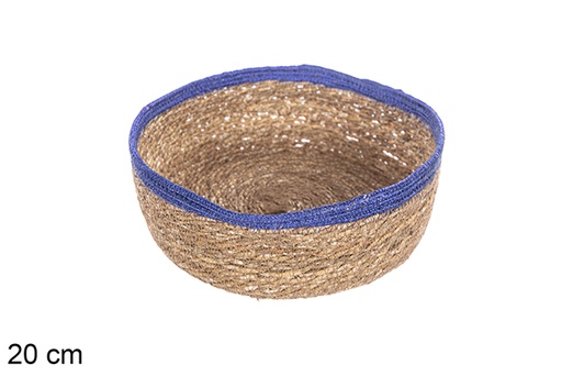 [113279] Round seagrass and blue jute basket 20 cm