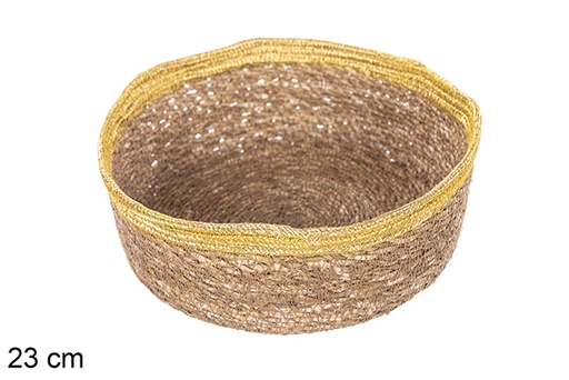 [113280] Round seagrass and jute gold basket 23 cm