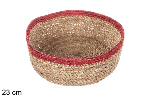 [113281] Round seagrass and red jute basket 23 cm