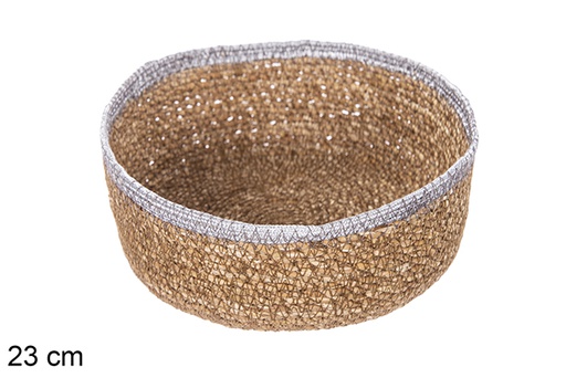 [113282] Round seagrass and jute silver basket 23 cm