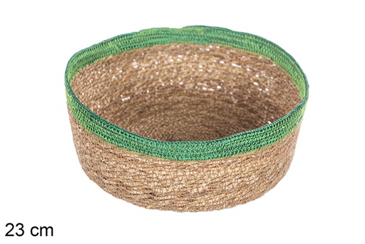 [113283] Round seagrass and green jute basket 23 cm