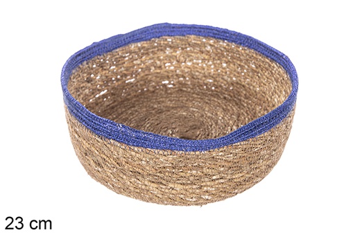 [113284] Round seagrass and blue jute basket 23 cm