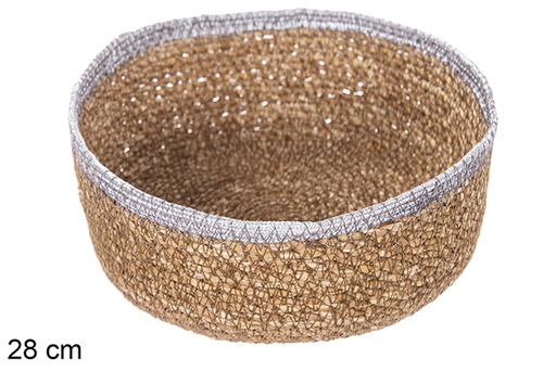 [113287] Round seagrass and jute silver basket 28 cm