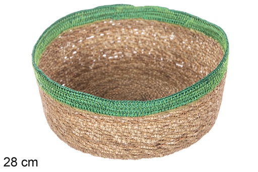 [113288] Round seagrass and green jute basket 28 cm
