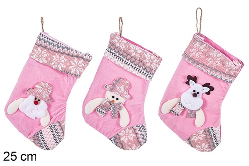 [113377] Pink Christmas stocking decorated assorted 25 cm