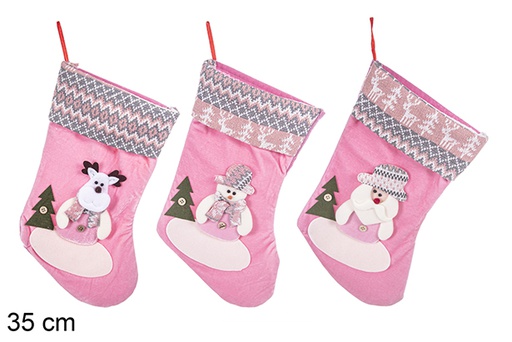 [113378] Pink Christmas stocking decorated assorted 35 cm