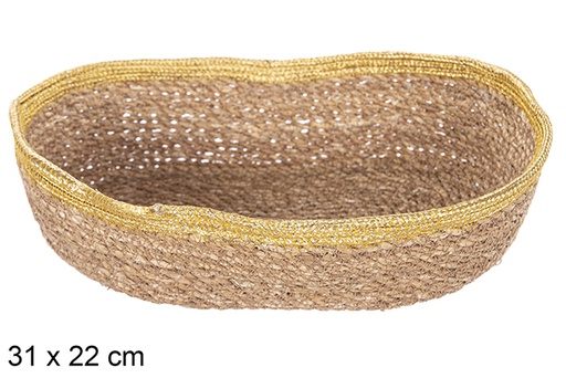 [113268] Oval seagrass and jute gold basket 31x22 cm