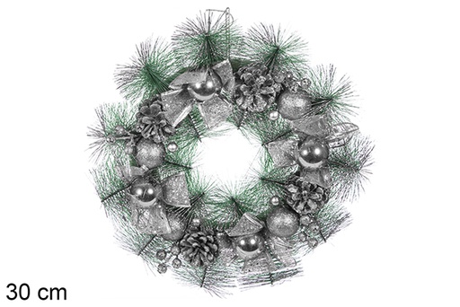 [114121] Couronne de Noël avec nœuds argentés 30 cm