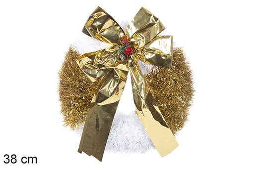 [114152] Corona poliestireno con espumillón oro y blanco 38 cm