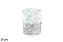 Portavela cristal decorada lentejuelas blanco/plata 8 cm