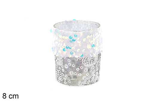[206500] Portavela cristal decorada lentejuelas blanco/plata 8 cm