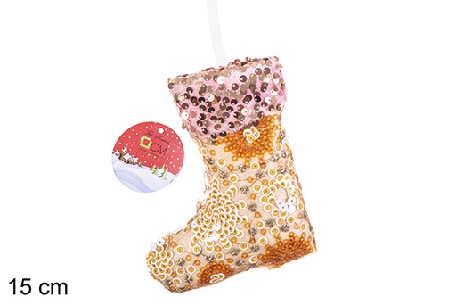 [206568] Pingente bota decorado com lantejoulas douradas/rosa 15 cm