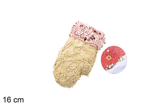 [206581] Ciondolo guanto decorato con paillettes oro/rosa 16 cm