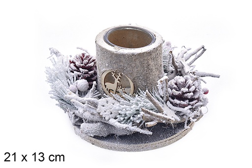 [206874] Portavelas redondo nevado con vaso decorado piñas 21x13 cm
