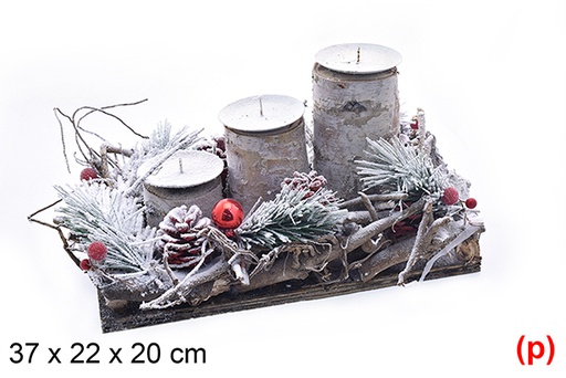 [206879] Portavelas rectangular nevado 3-velas decorado piñas 37x22x20cm