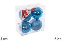 Pack 4 bolas turquesa brillo/mate/purpurina 8 cm