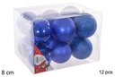 Pack 12 bolas azul brillo/mate/purpurina 8 cm