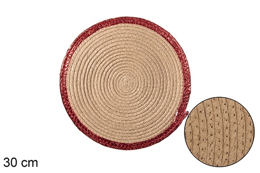 [114202] Dessous de plat rond en corde de papier naturel avec bord pailleté rouge 30 cm