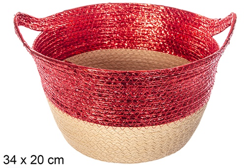 [114203] Cestino in corda di carta lucida naturale/rossa con manico 34x20 cm