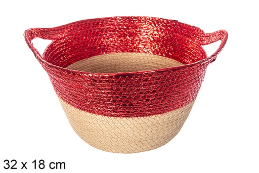 [114204] Natural/red gloss paper rope basket with handle 32x18 cm