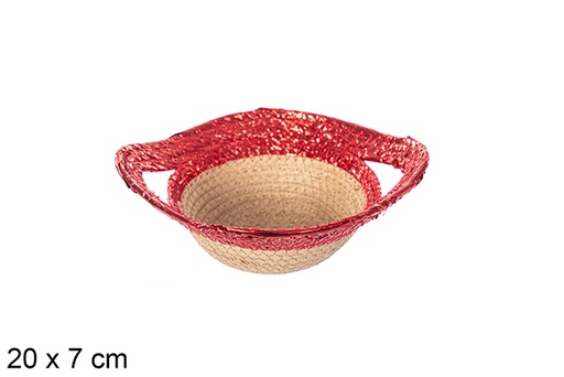 [114208] Natural/red gloss paper rope basket with handle 20x7 cm