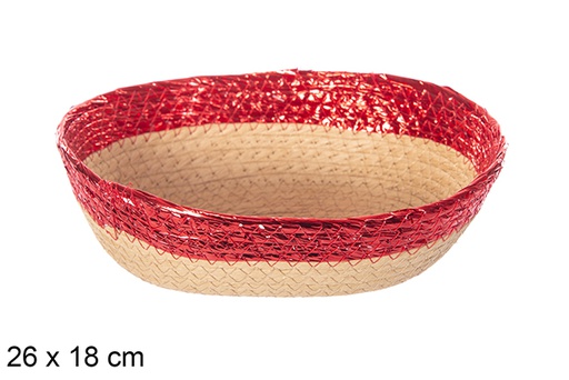 [114214] Cesta ovalada cuerda papel natural borde rojo brillo 26x18cm
